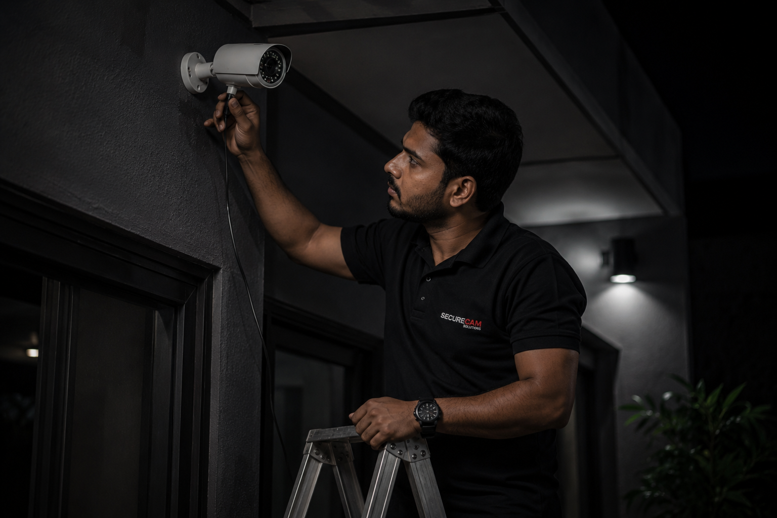 CCTV Technician fixing a camera