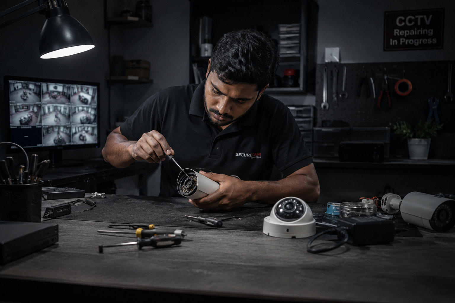 CCTV Technician fixing a camera
